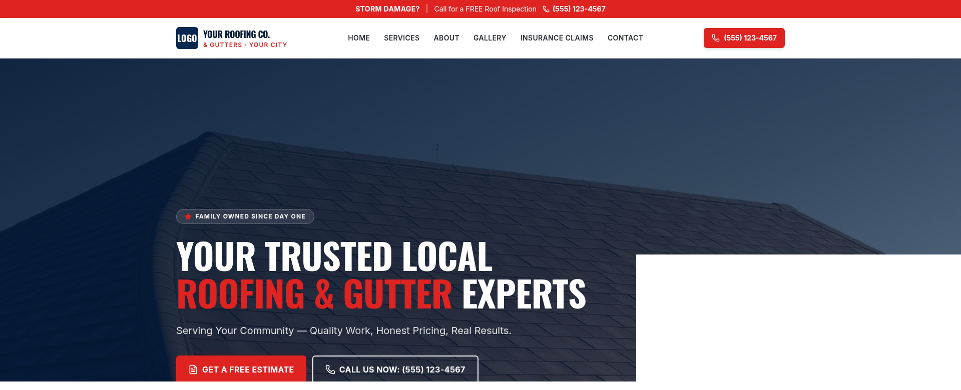 Preview of a roofing company website demo with hero image, service cards, and contact section